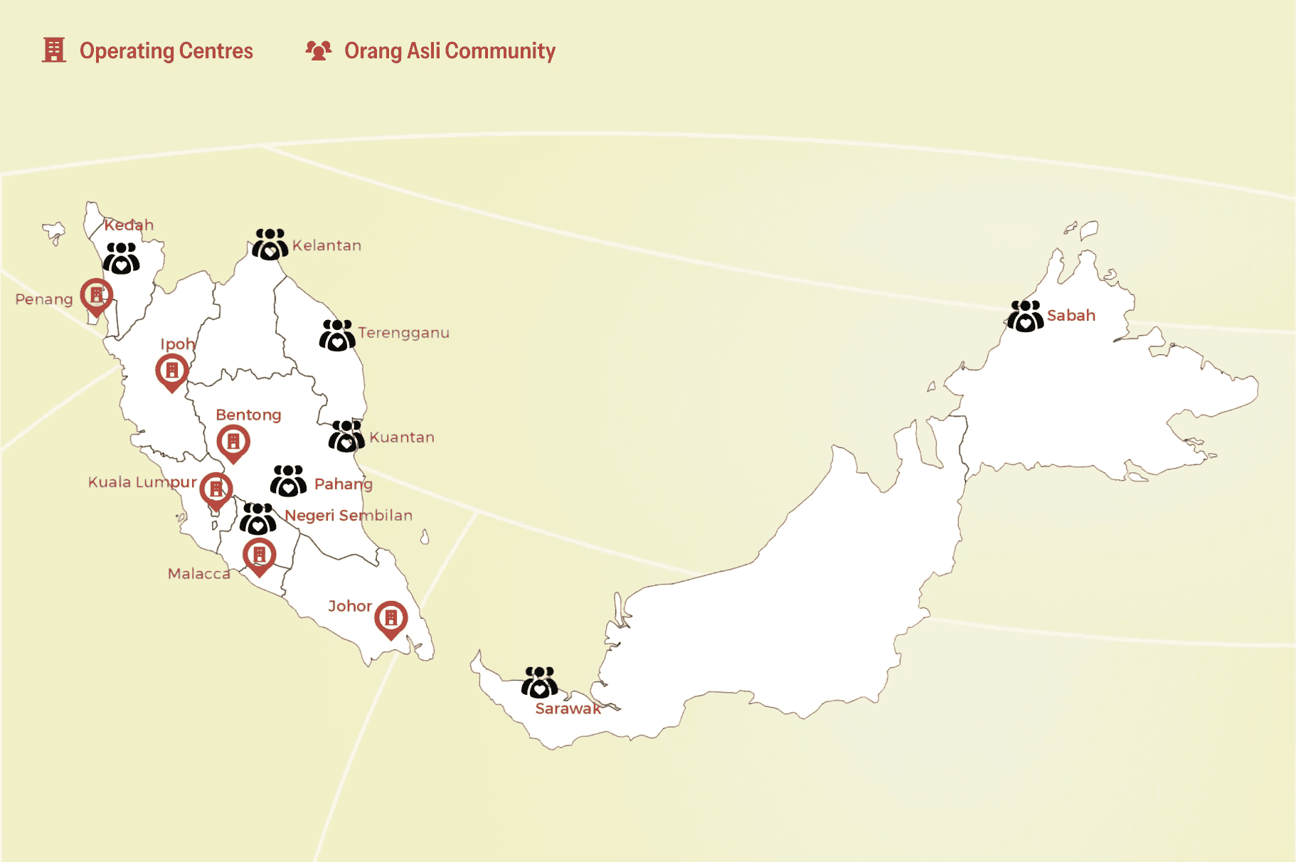 Map of Malaysia with KSK locations highlighted